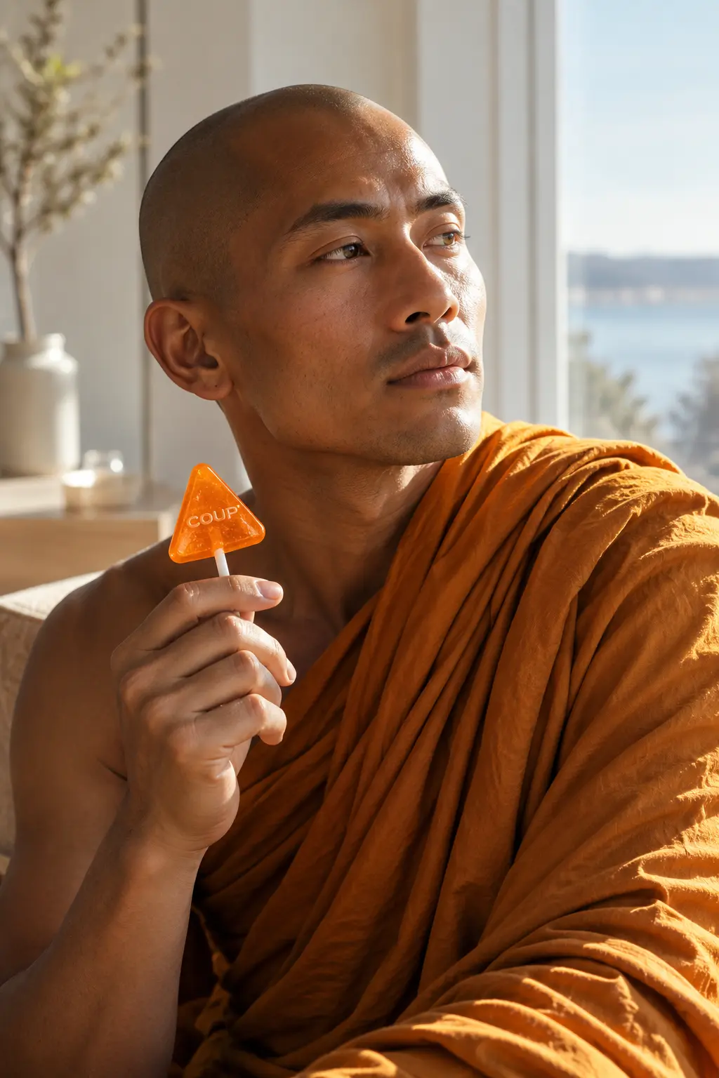 A monk in an orange robe holding an orange COUP lollipop