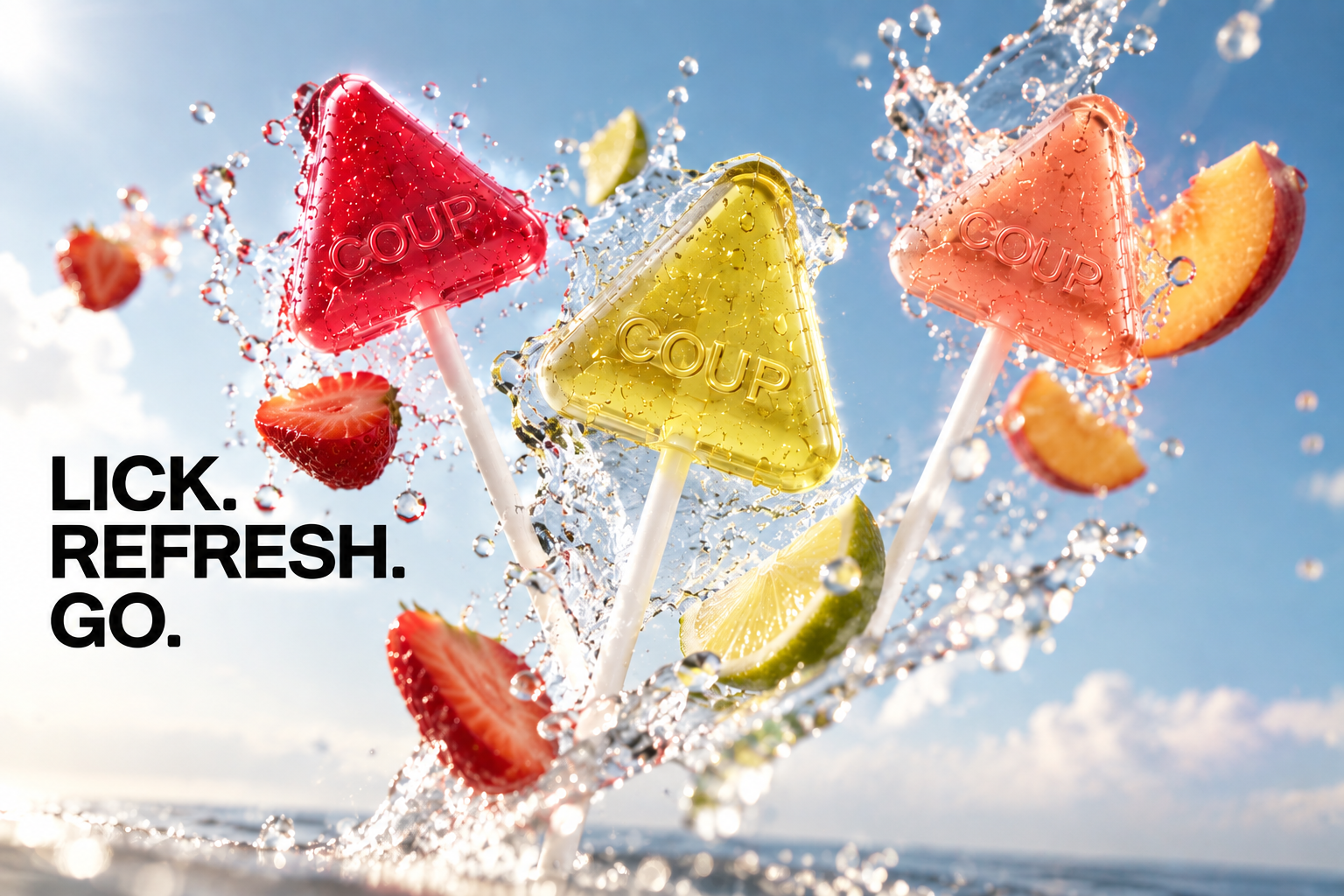 Three translucent triangular COUP lollipops in strawberry, lime and peach embossed with COUP, splashing through water with fresh fruit
