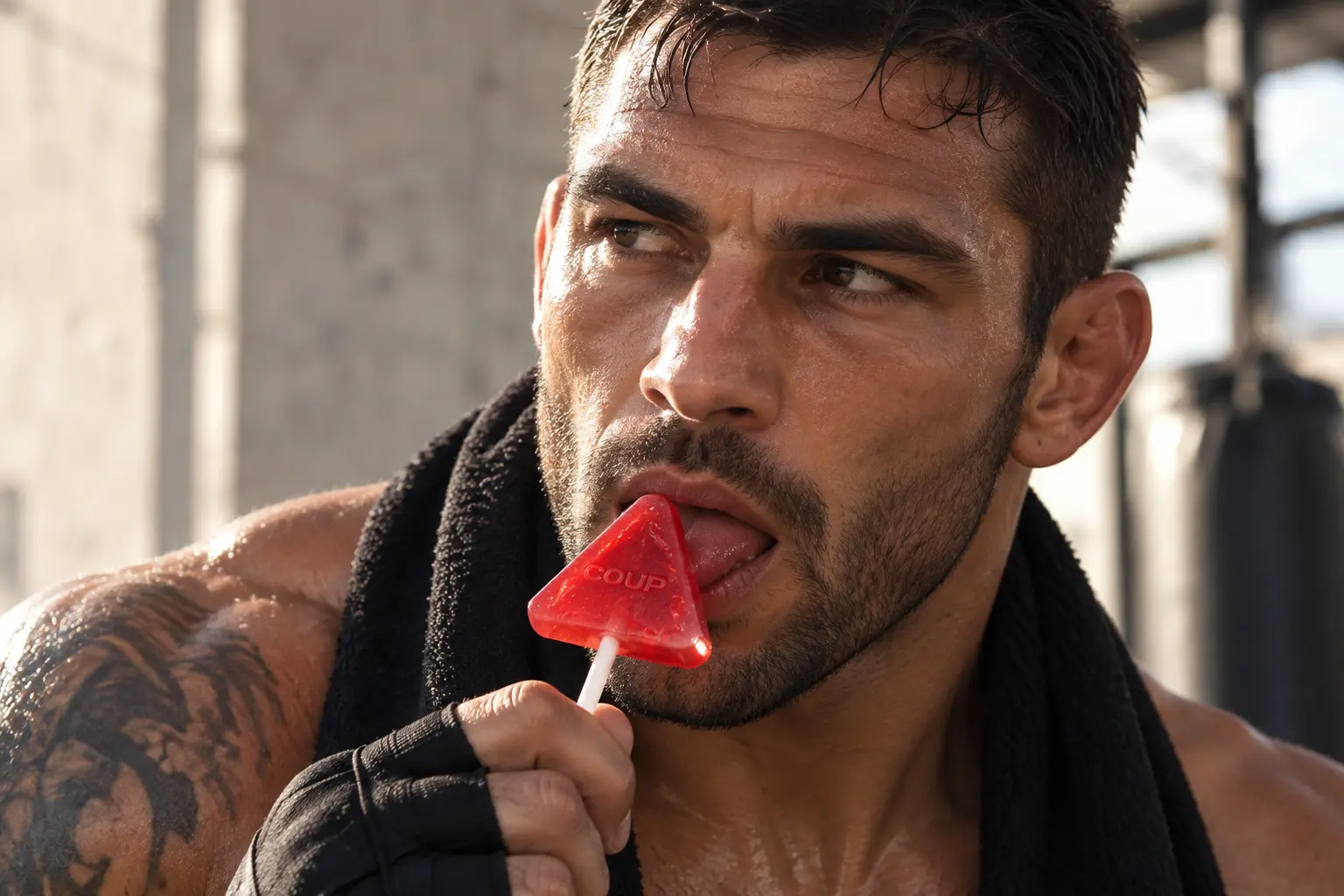 A fighter with a towel around his neck tasting a red COUP lollipop