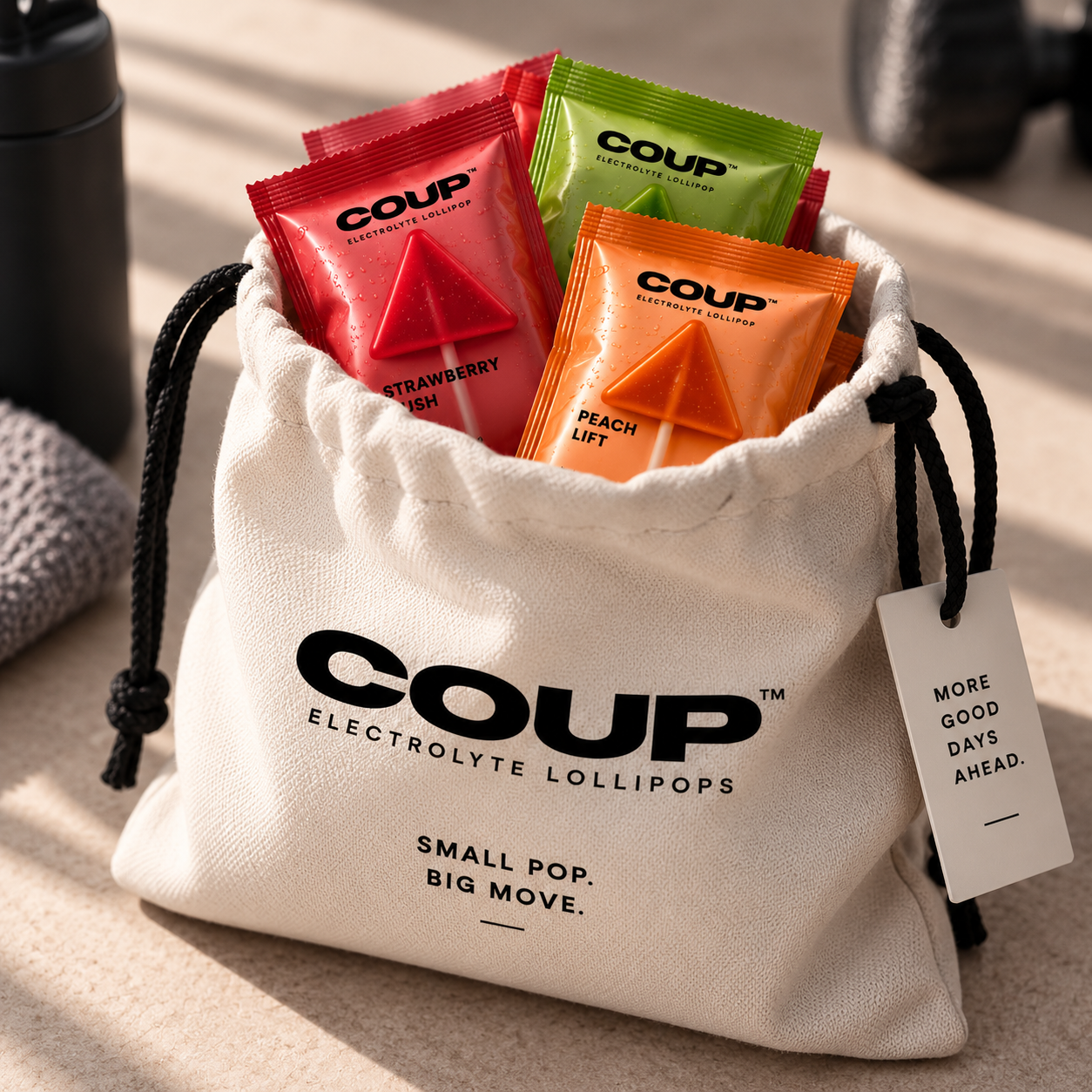 The COUP Move Bag filled with Strawberry, Peach and Lemon-Lime pops