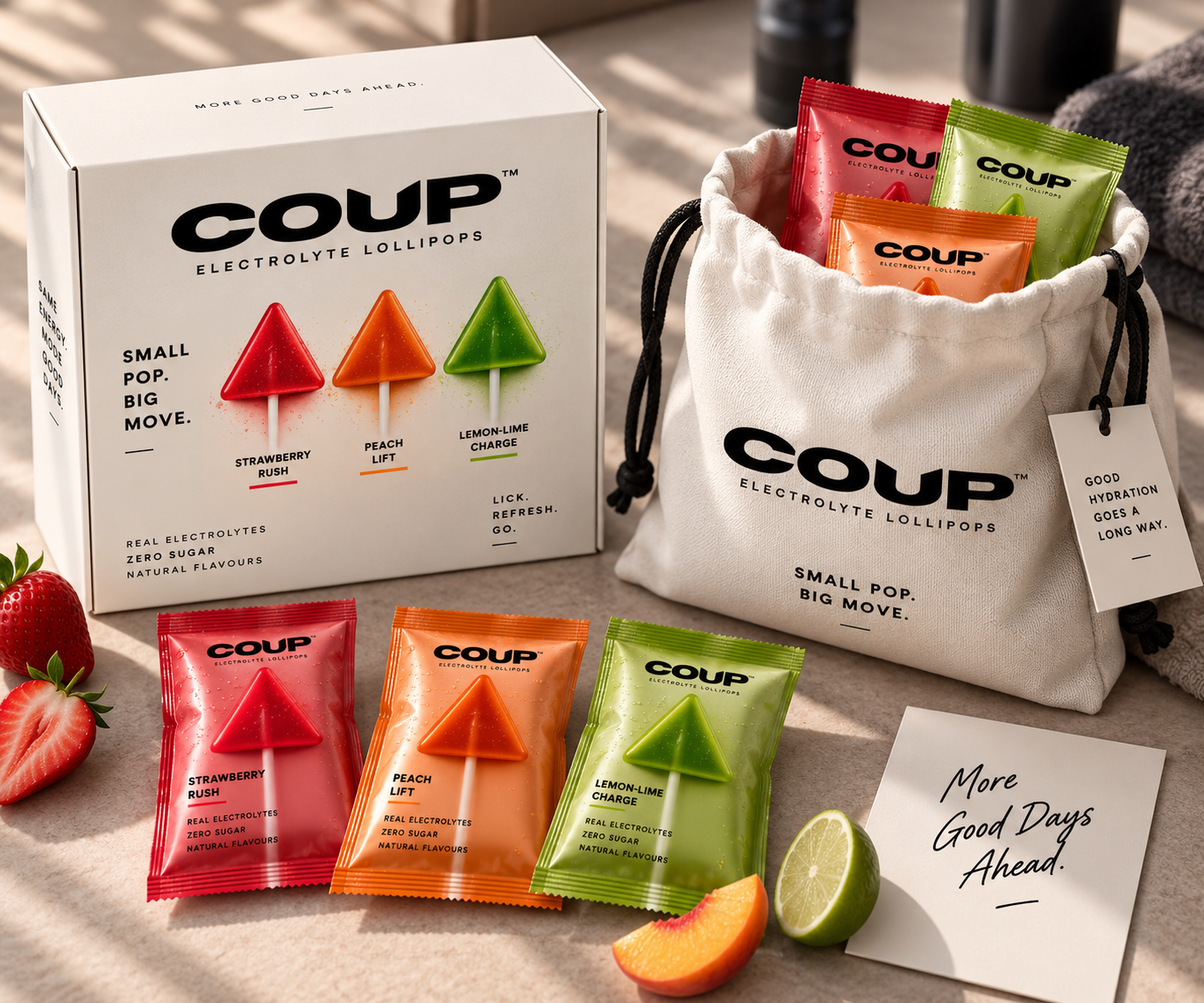 The COUP box, Move Bag and three flavour sachets